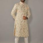 Lucknowi Chikankari Embroidered Pastel Sherwani Achkan with Floral Details | Jaipurio